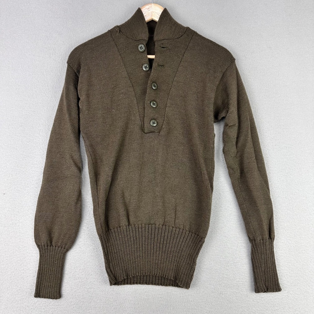 Vintage Army Wool Sweater S-M Brown 5-Button Henley Mock-Neck Preppy‎ Heritage